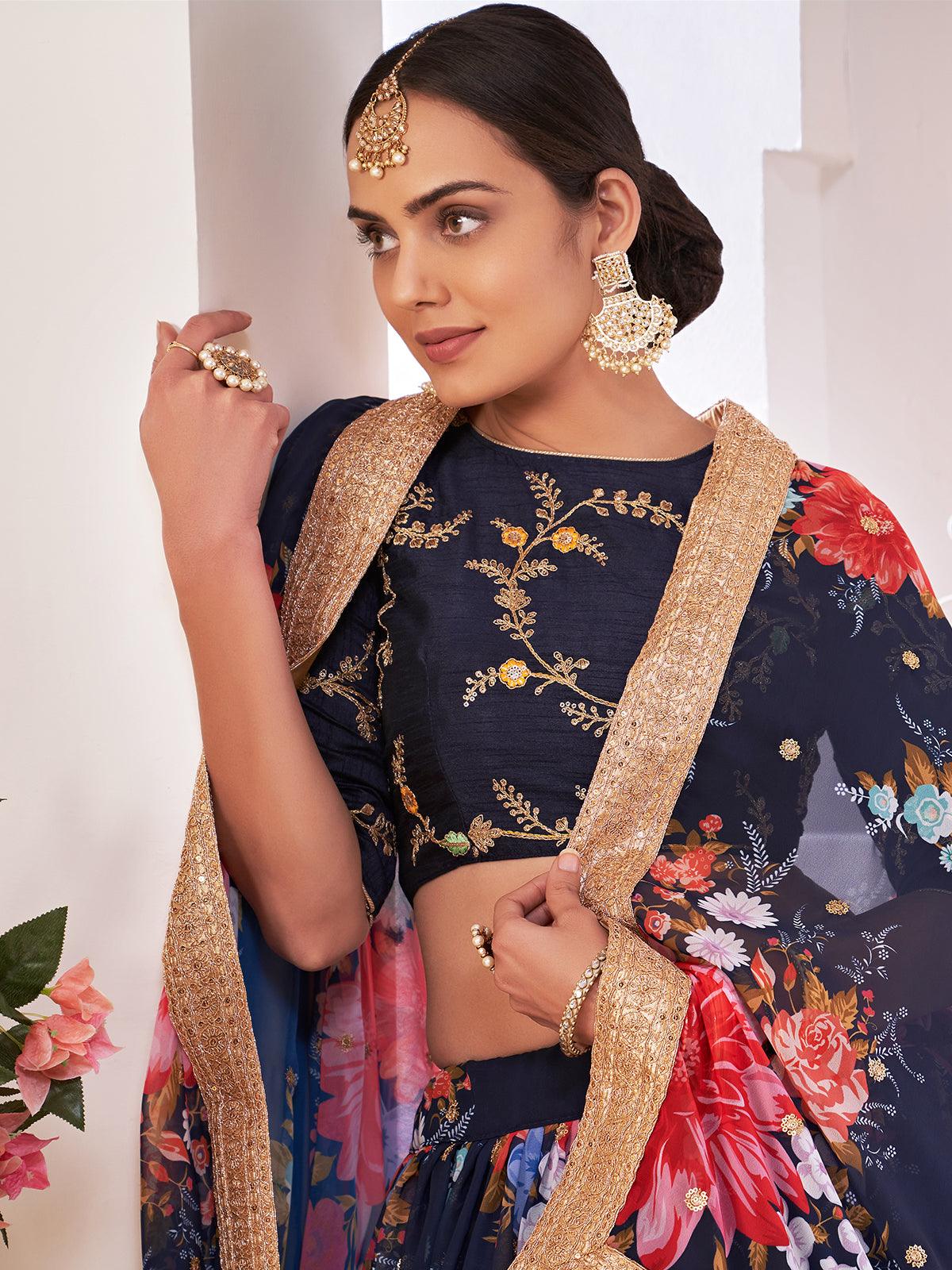 Floral Blue Georgette Lehenga Choli Set - Rajwada