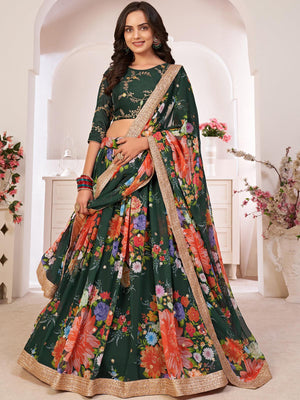 Floral Green Georgette Lehenga Choli Set - Rajwada