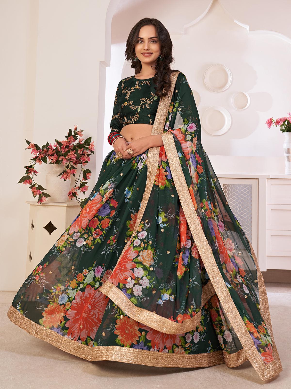 Floral Green Georgette Lehenga Choli Set - Rajwada