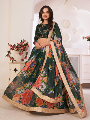 Floral Green Georgette Lehenga Choli Set - Rajwada