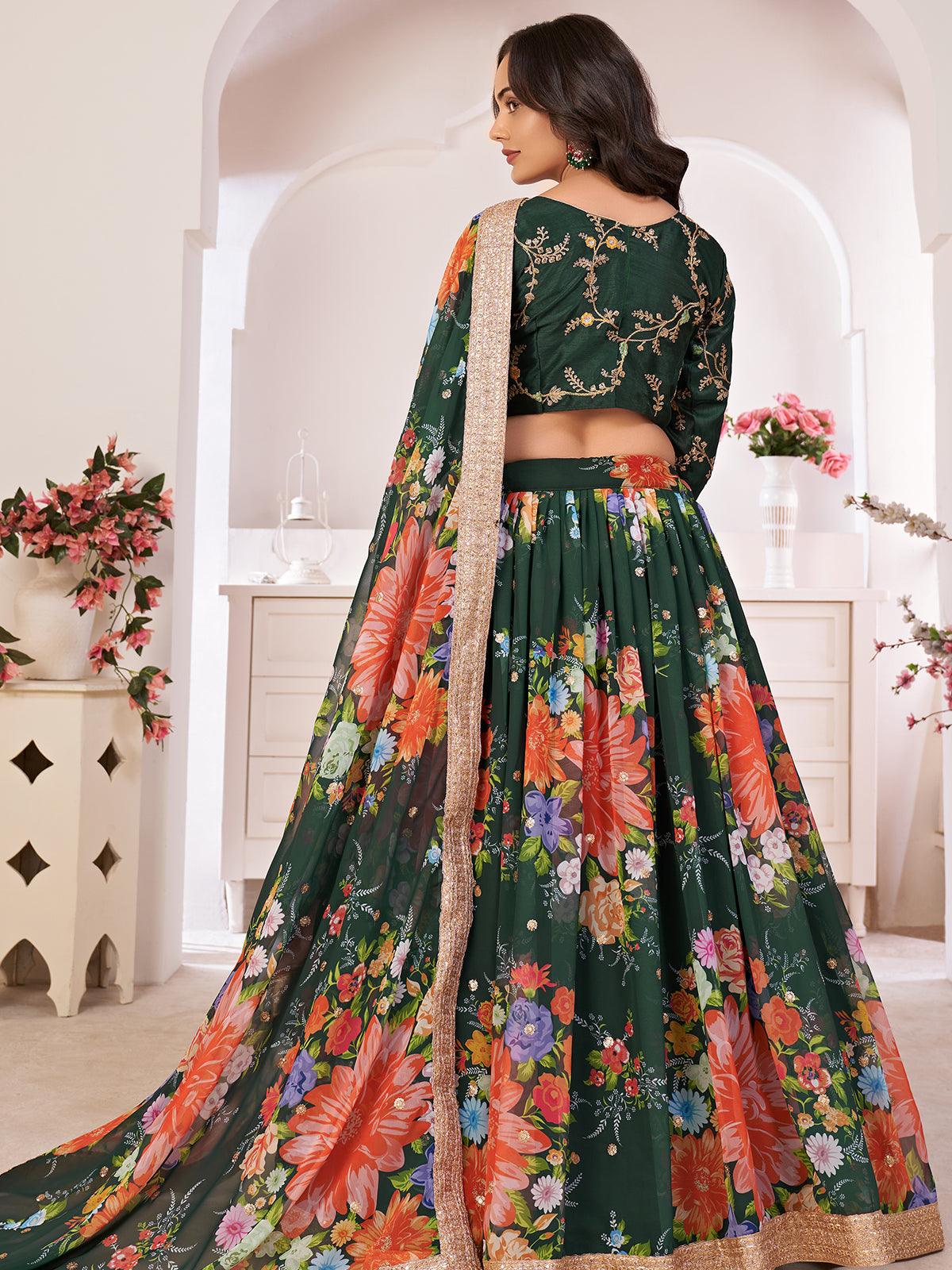 Floral Green Georgette Lehenga Choli Set - Rajwada