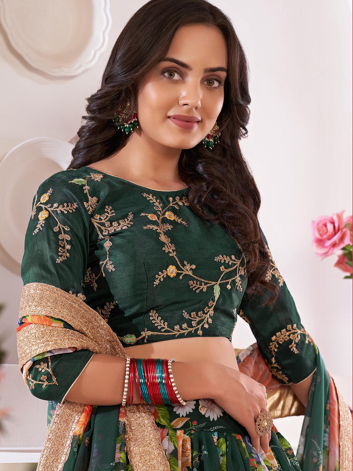 Floral Green Georgette Lehenga Choli Set - Rajwada