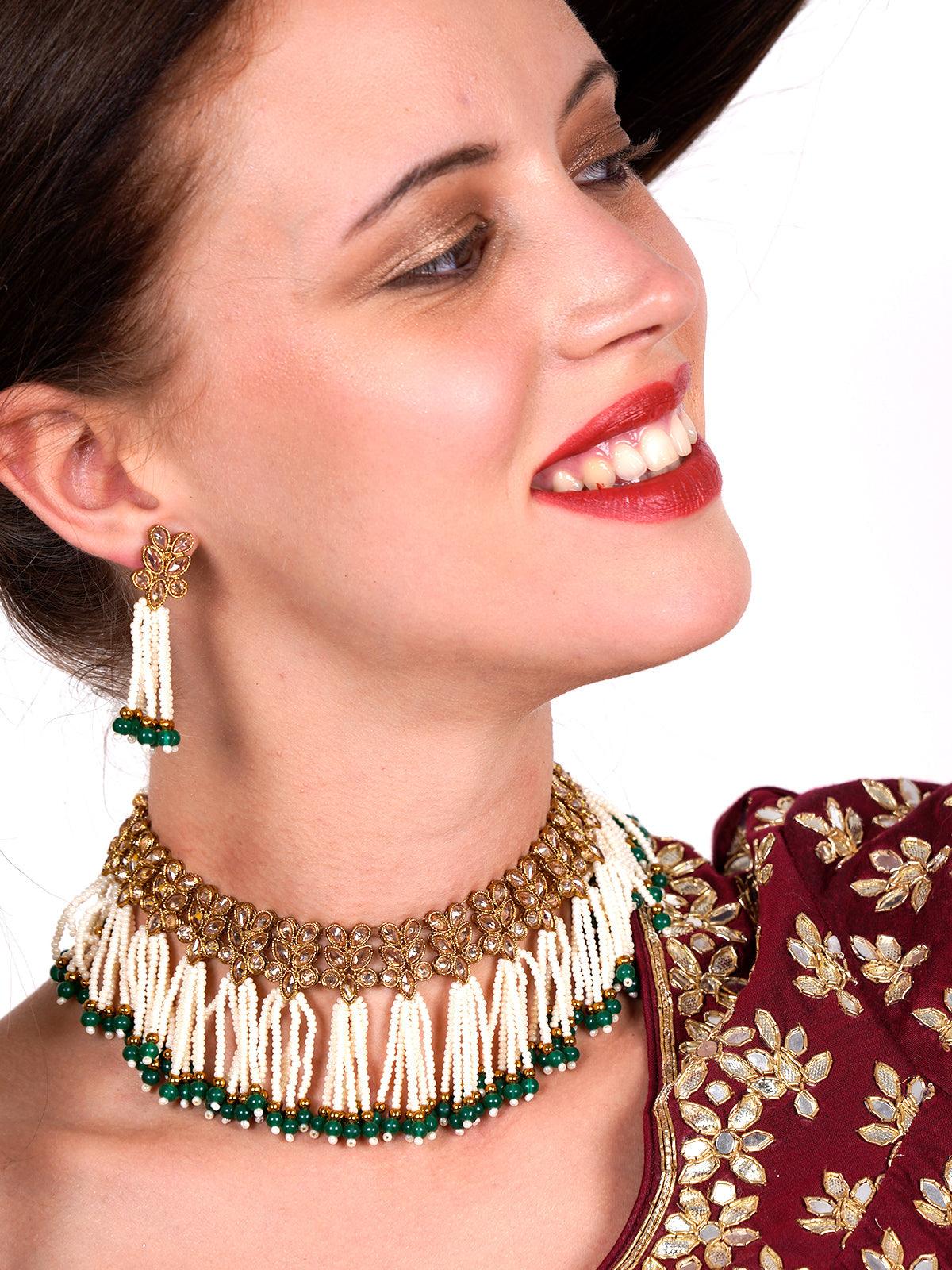 Floral kundan pearl choker with earrings - Rajwada