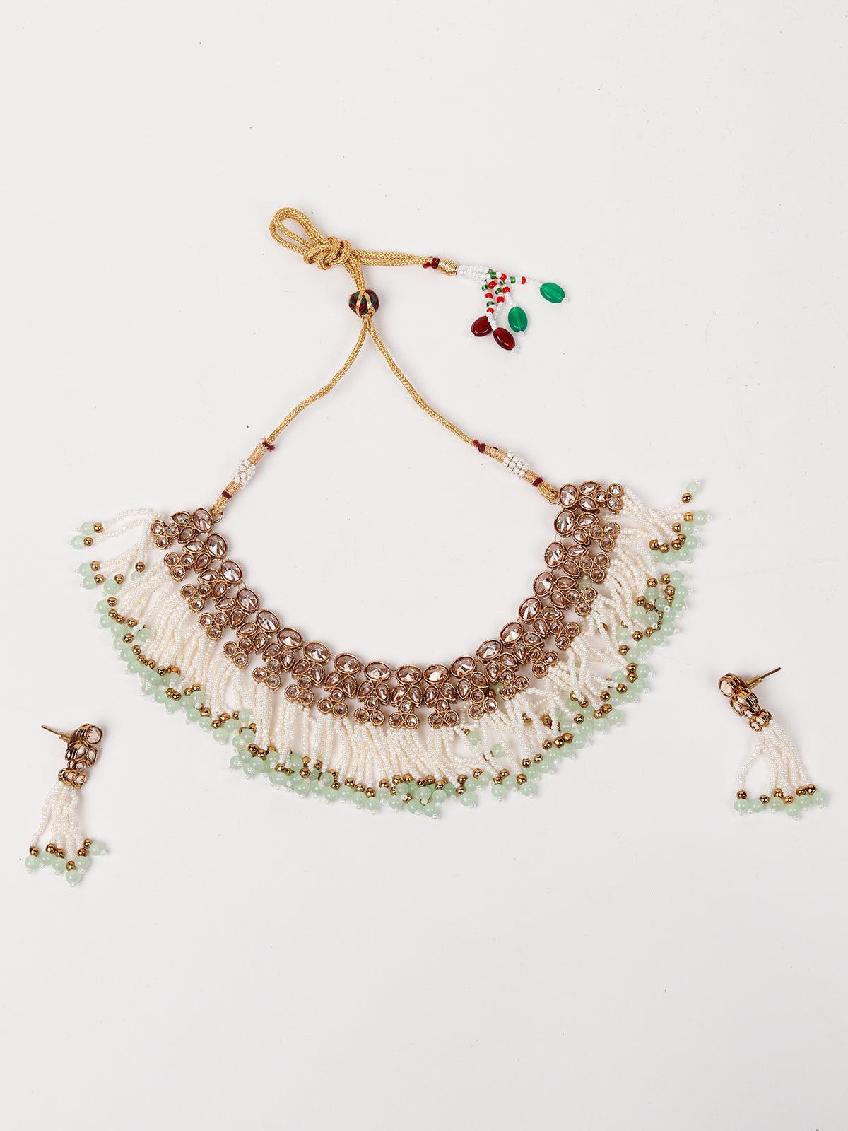 Floral kundan pearl choker with earrings - Rajwada