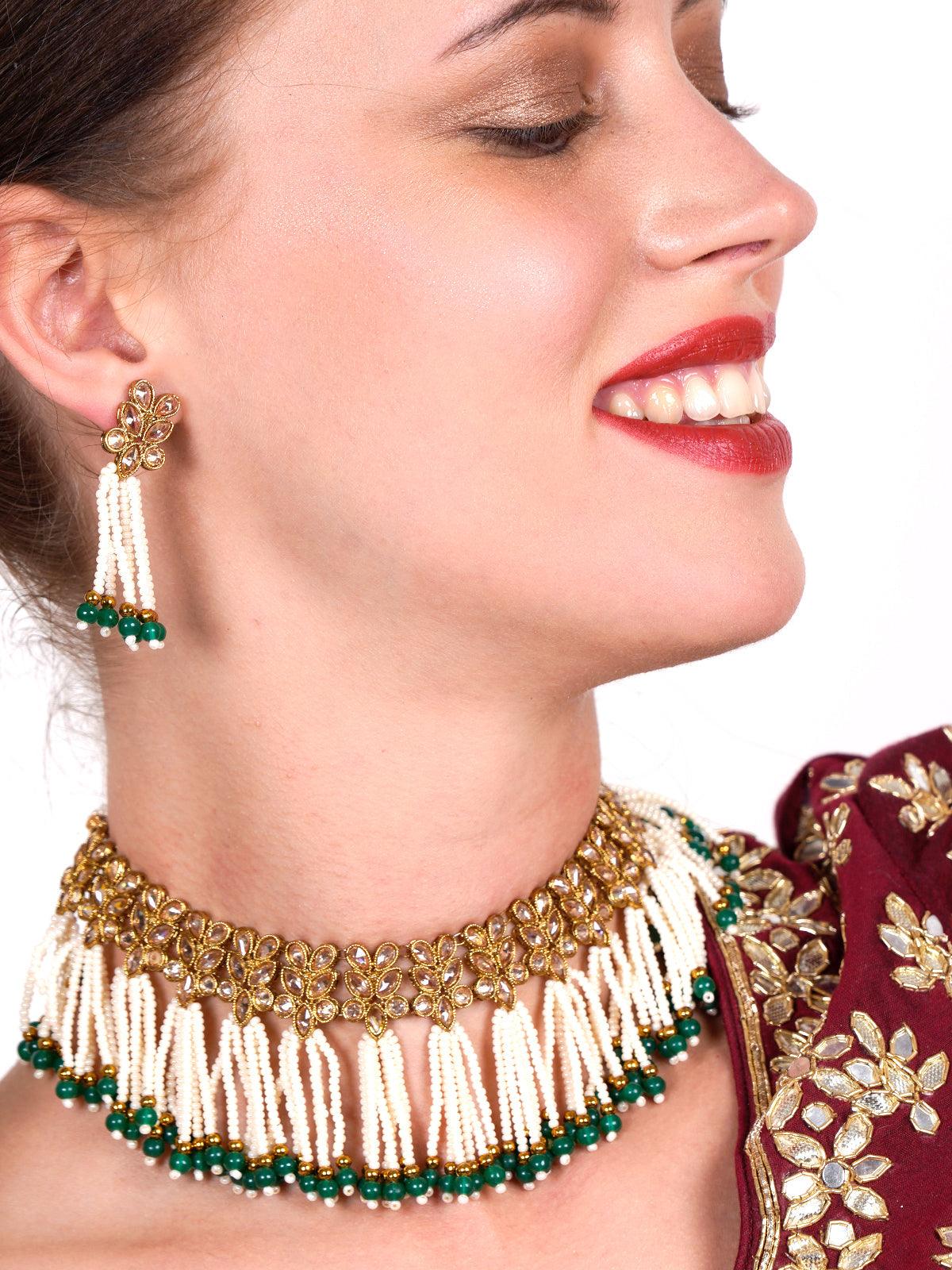 Floral kundan pearl choker with earrings - Rajwada