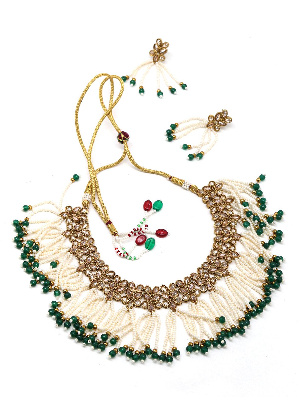 Floral kundan pearl choker with earrings - Rajwada