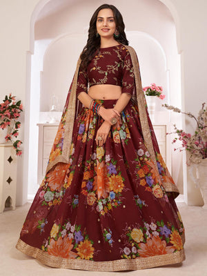 Floral Maroon Georgette Lehenga Choli Set - Rajwada