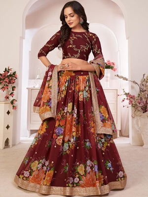 Floral Maroon Georgette Lehenga Choli Set - Rajwada