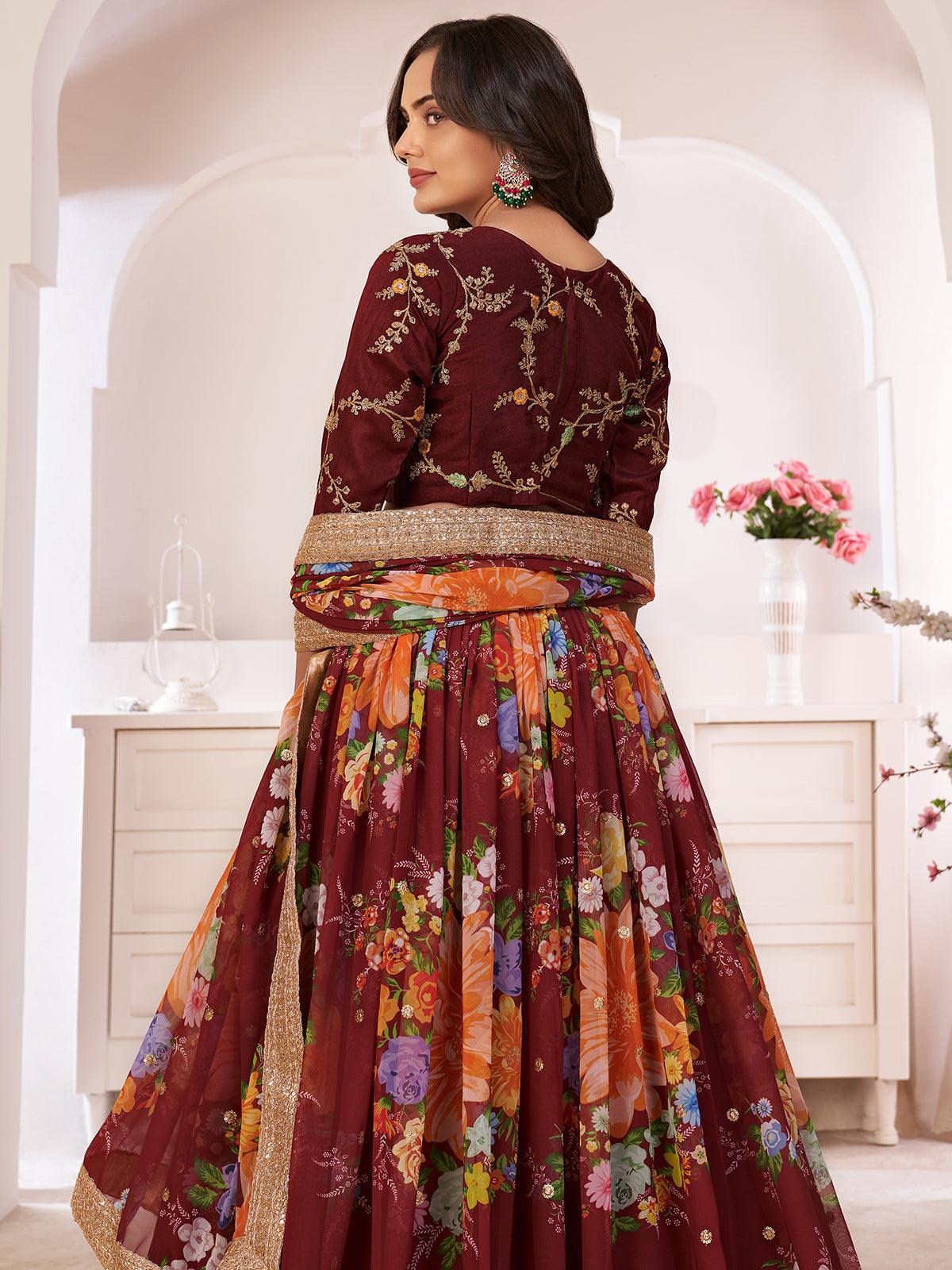 Floral Maroon Georgette Lehenga Choli Set - Rajwada