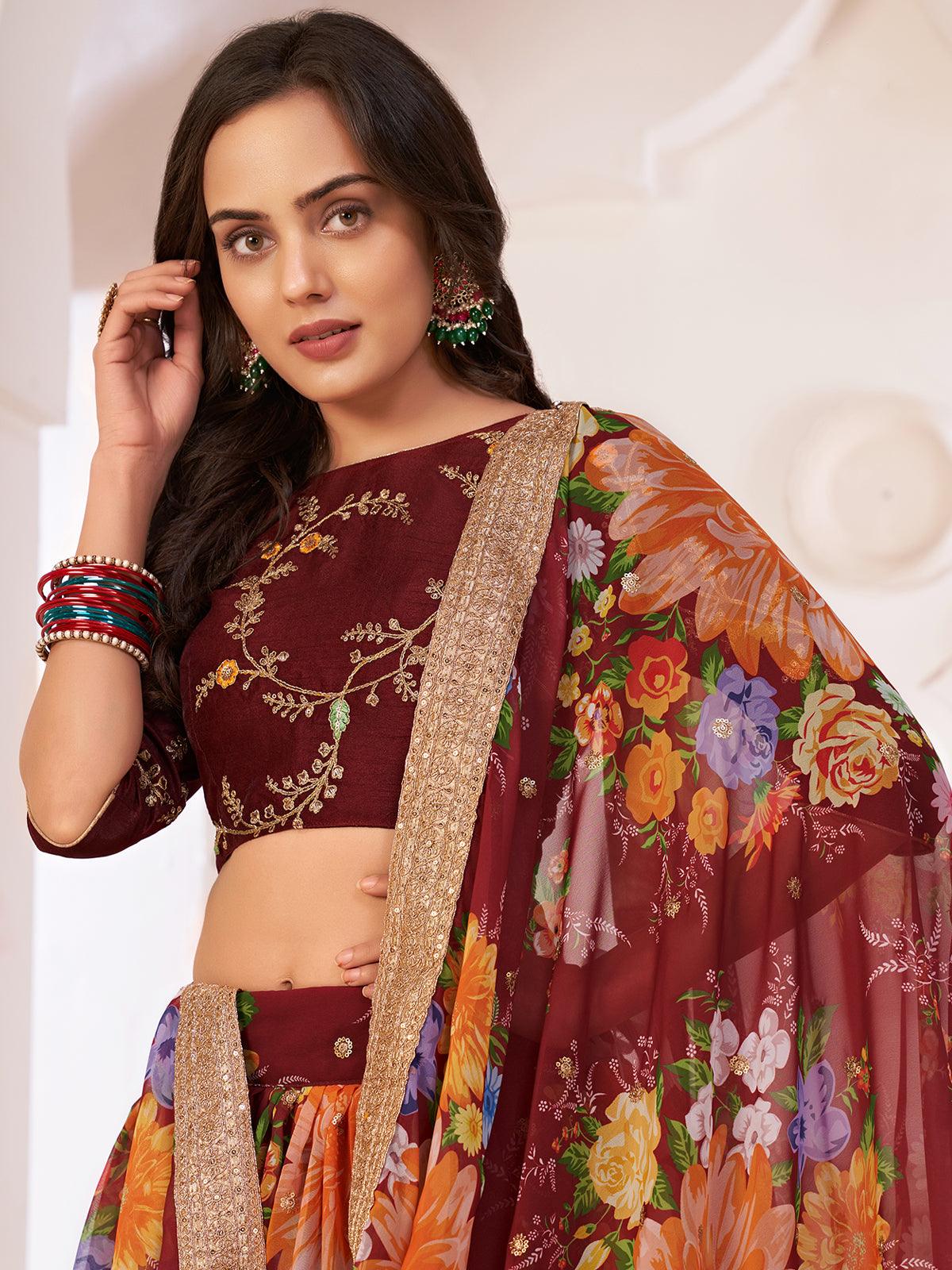 Floral Maroon Georgette Lehenga Choli Set - Rajwada