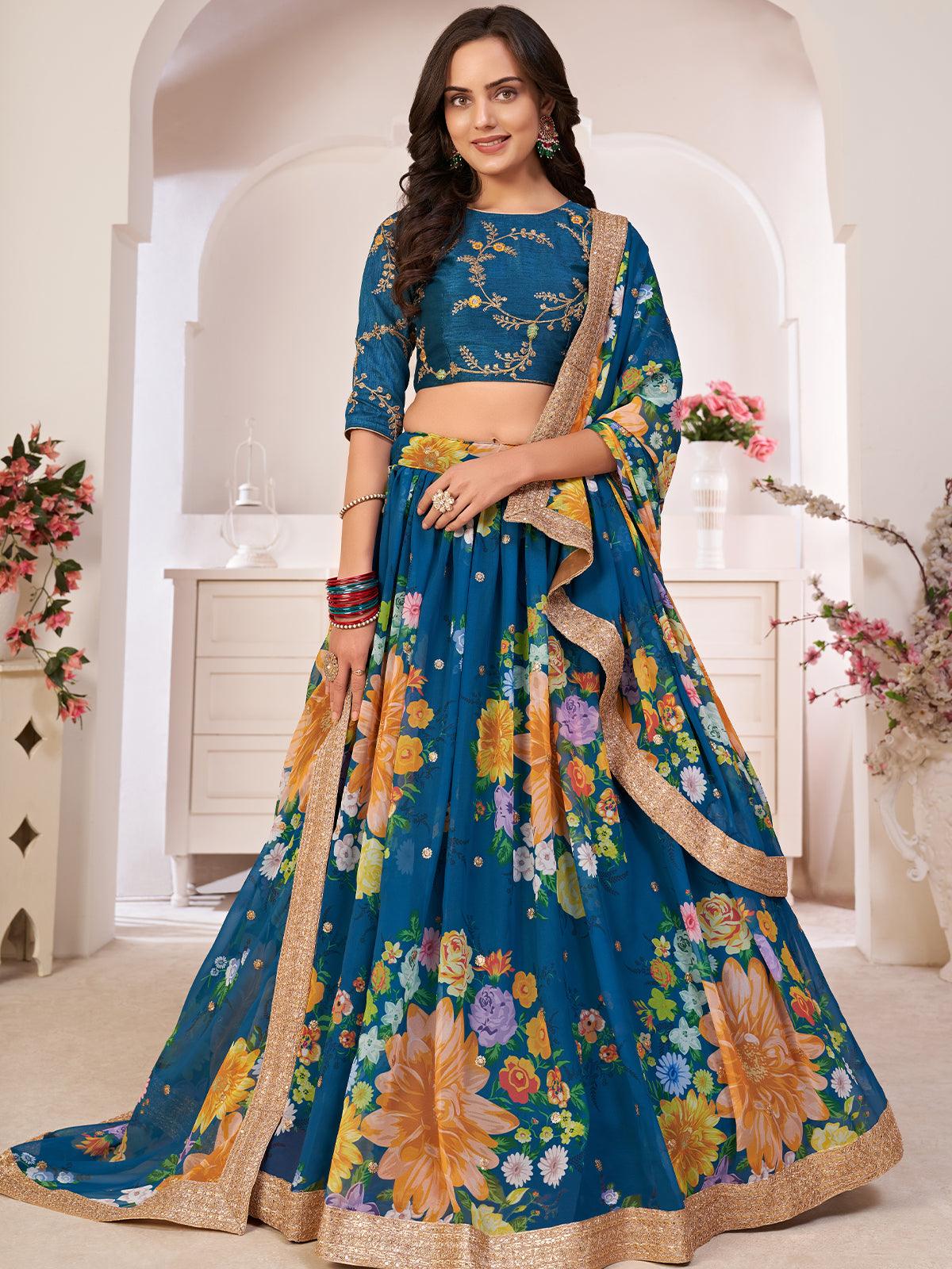 Floral Rama Blue Georgette Lehenga Choli Set - Rajwada