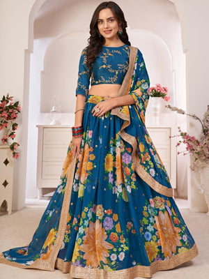 Floral Rama Blue Georgette Lehenga Choli Set - Rajwada