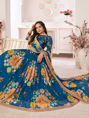 Floral Rama Blue Georgette Lehenga Choli Set - Rajwada