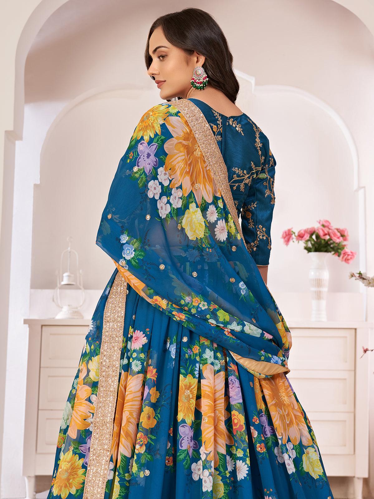 Floral Rama Blue Georgette Lehenga Choli Set - Rajwada