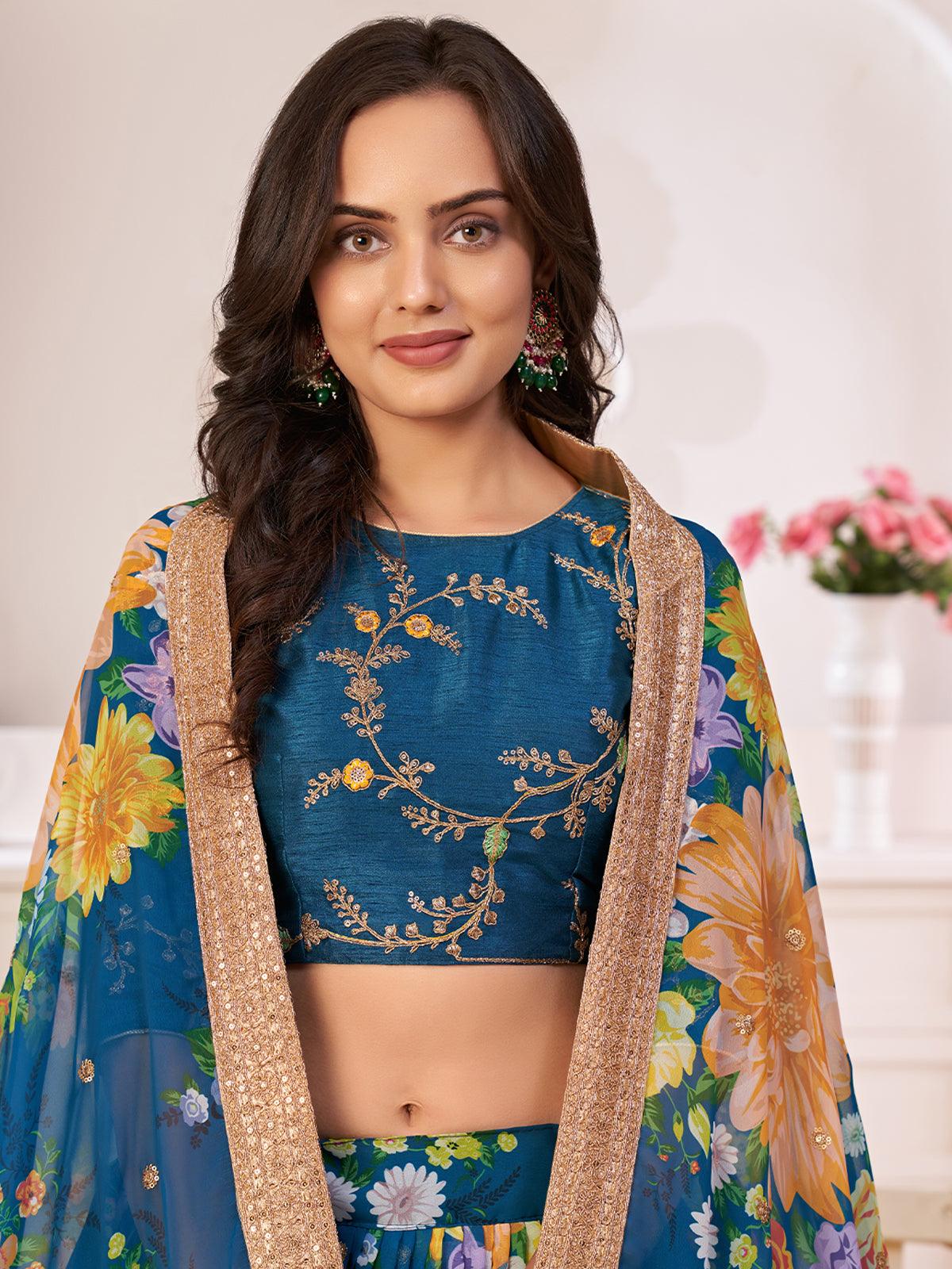 Floral Rama Blue Georgette Lehenga Choli Set - Rajwada