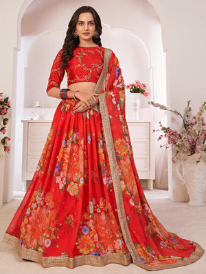 Floral Tomato Red Georgette Lehenga Choli Set - Rajwada