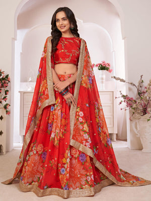 Floral Tomato Red Georgette Lehenga Choli Set - Rajwada