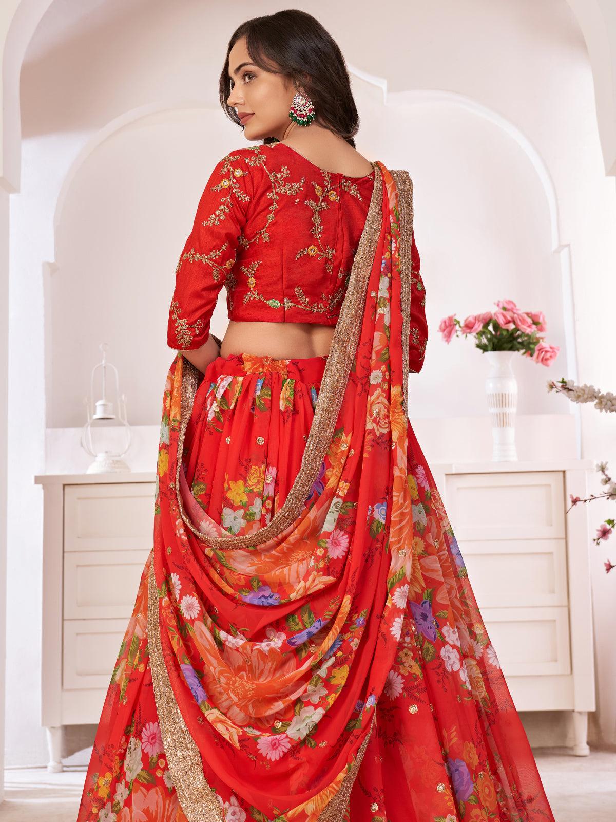 Floral Tomato Red Georgette Lehenga Choli Set - Rajwada