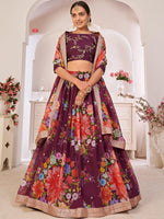 Floral Wine Georgette Lehenga Choli Set - Rajwada