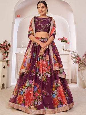 Floral Wine Georgette Lehenga Choli Set - Rajwada