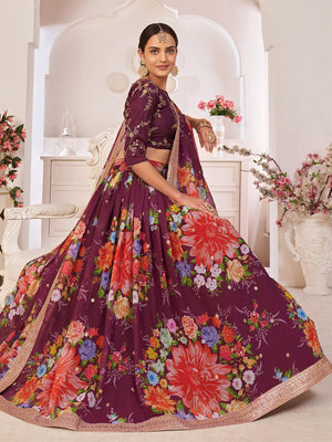 Floral Wine Georgette Lehenga Choli Set - Rajwada