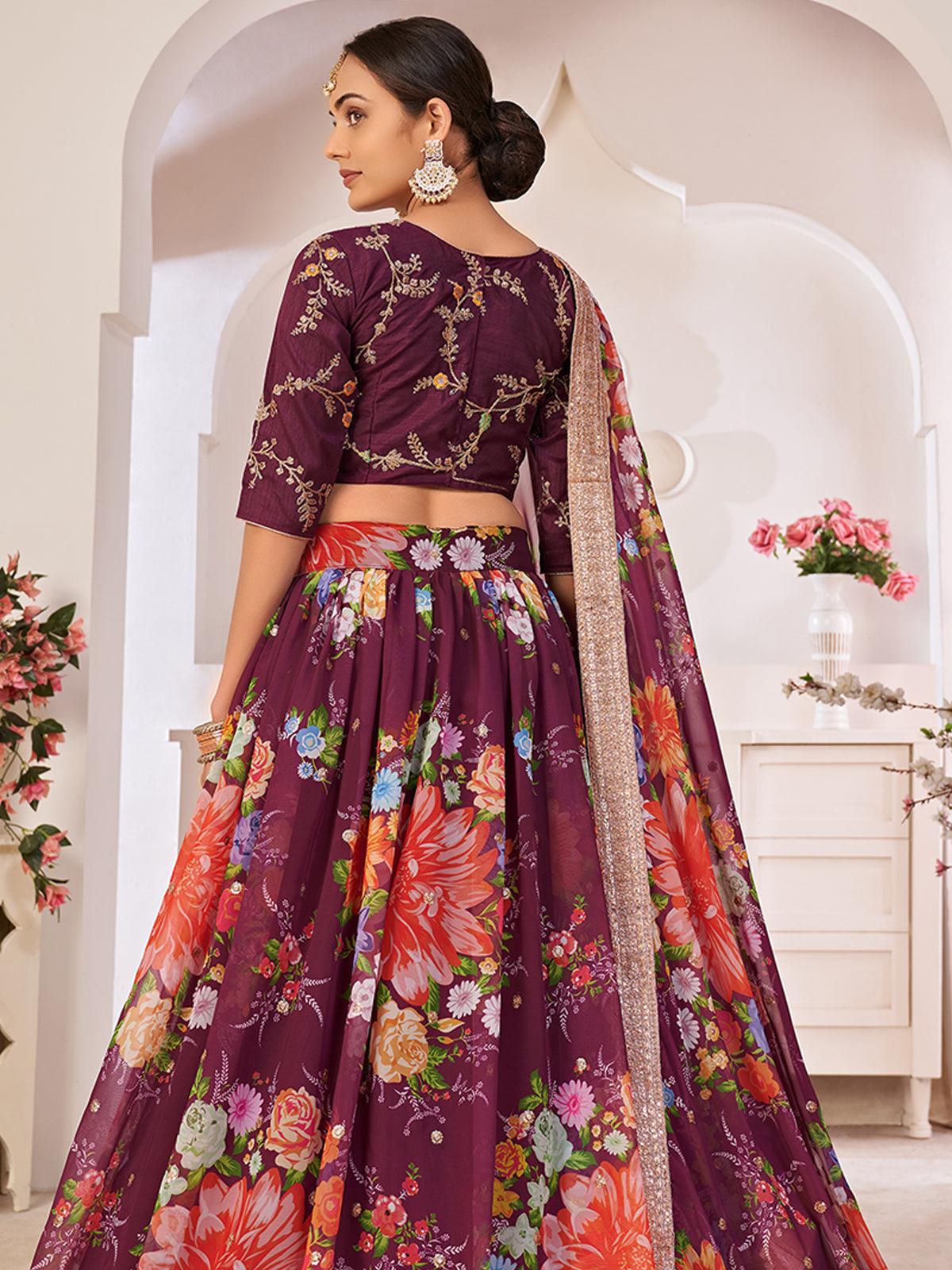 Floral Wine Georgette Lehenga Choli Set - Rajwada