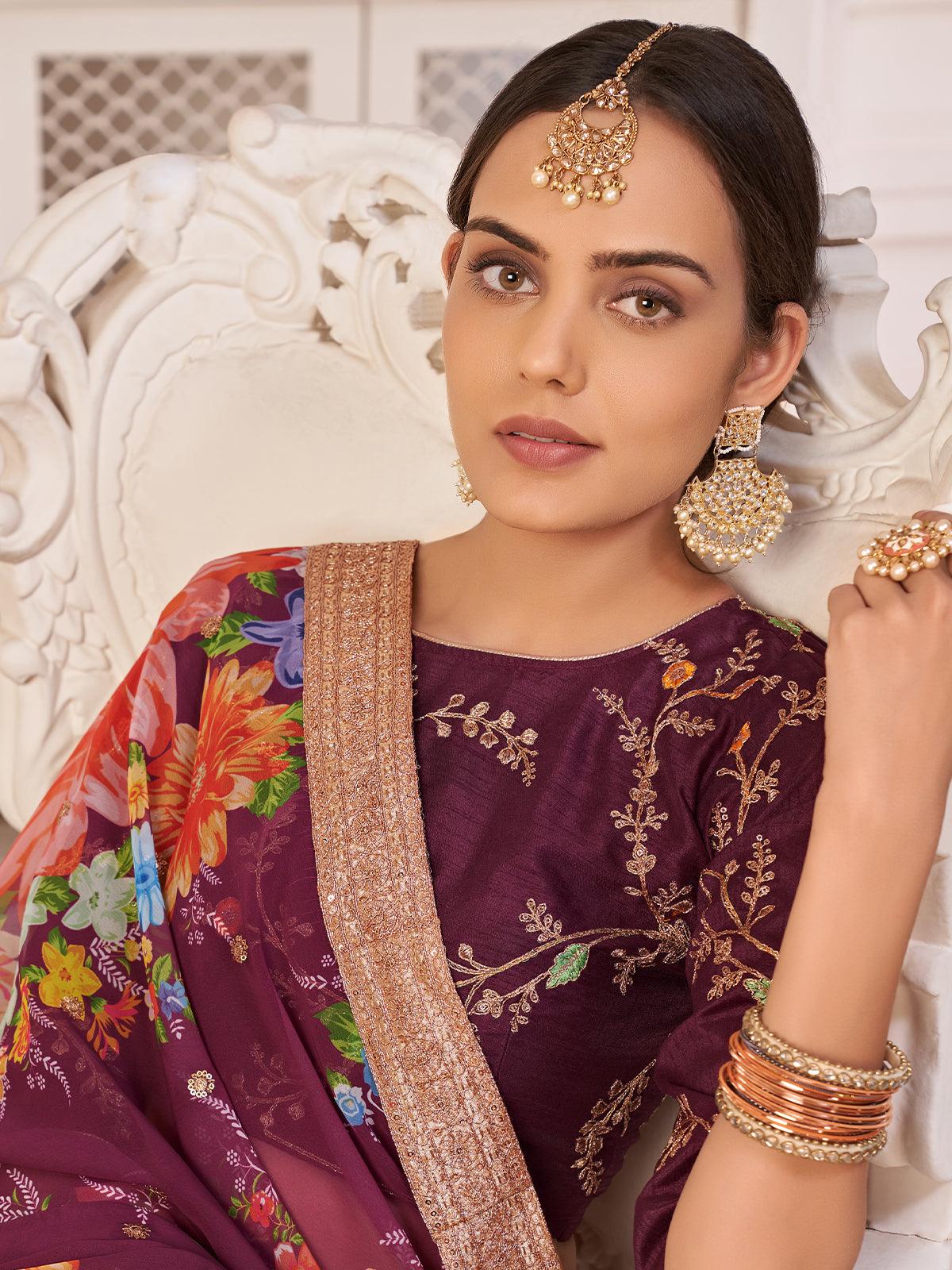 Floral Wine Georgette Lehenga Choli Set - Rajwada