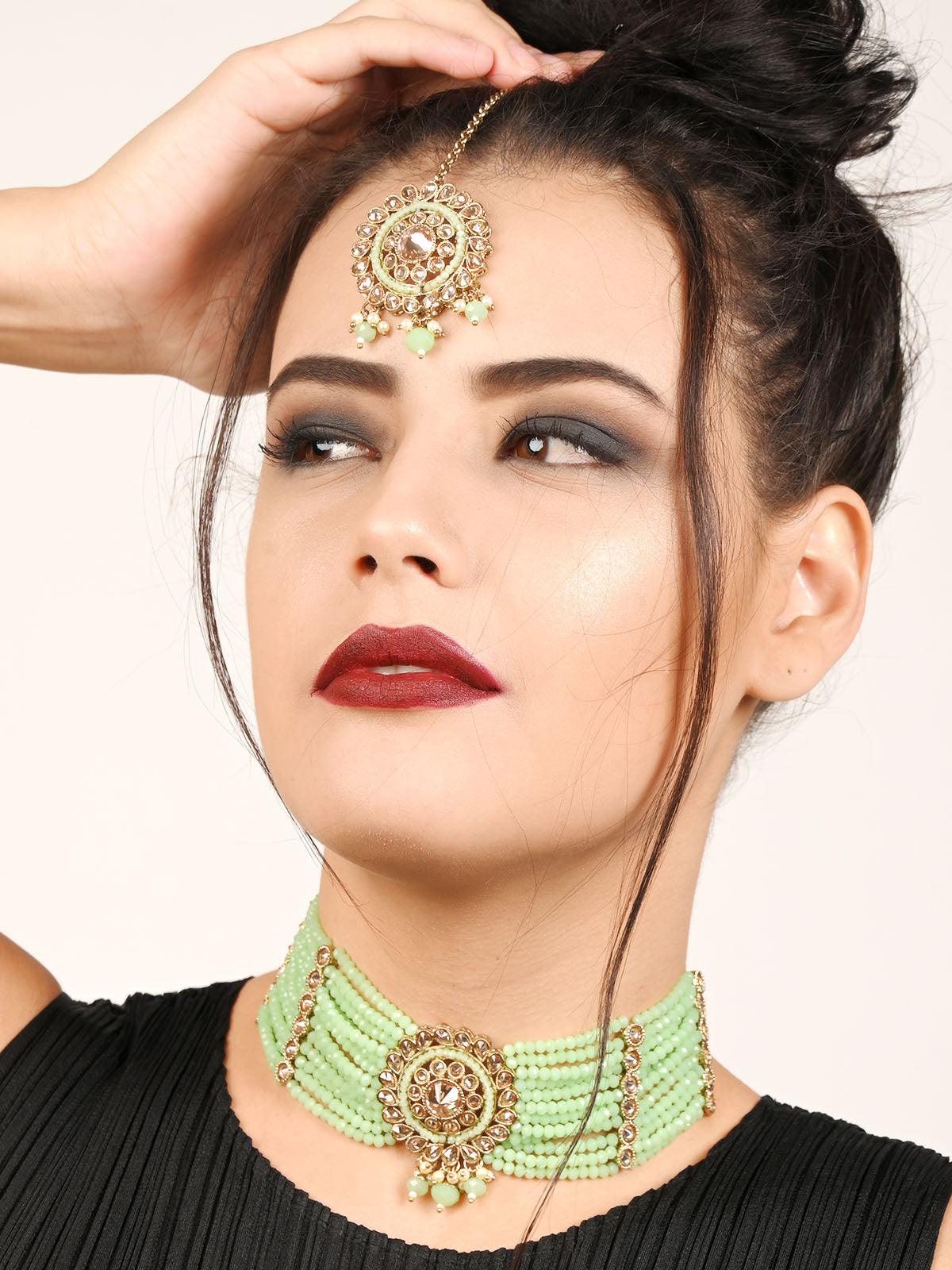Florina Light Green Choker Necklace Set - Rajwada
