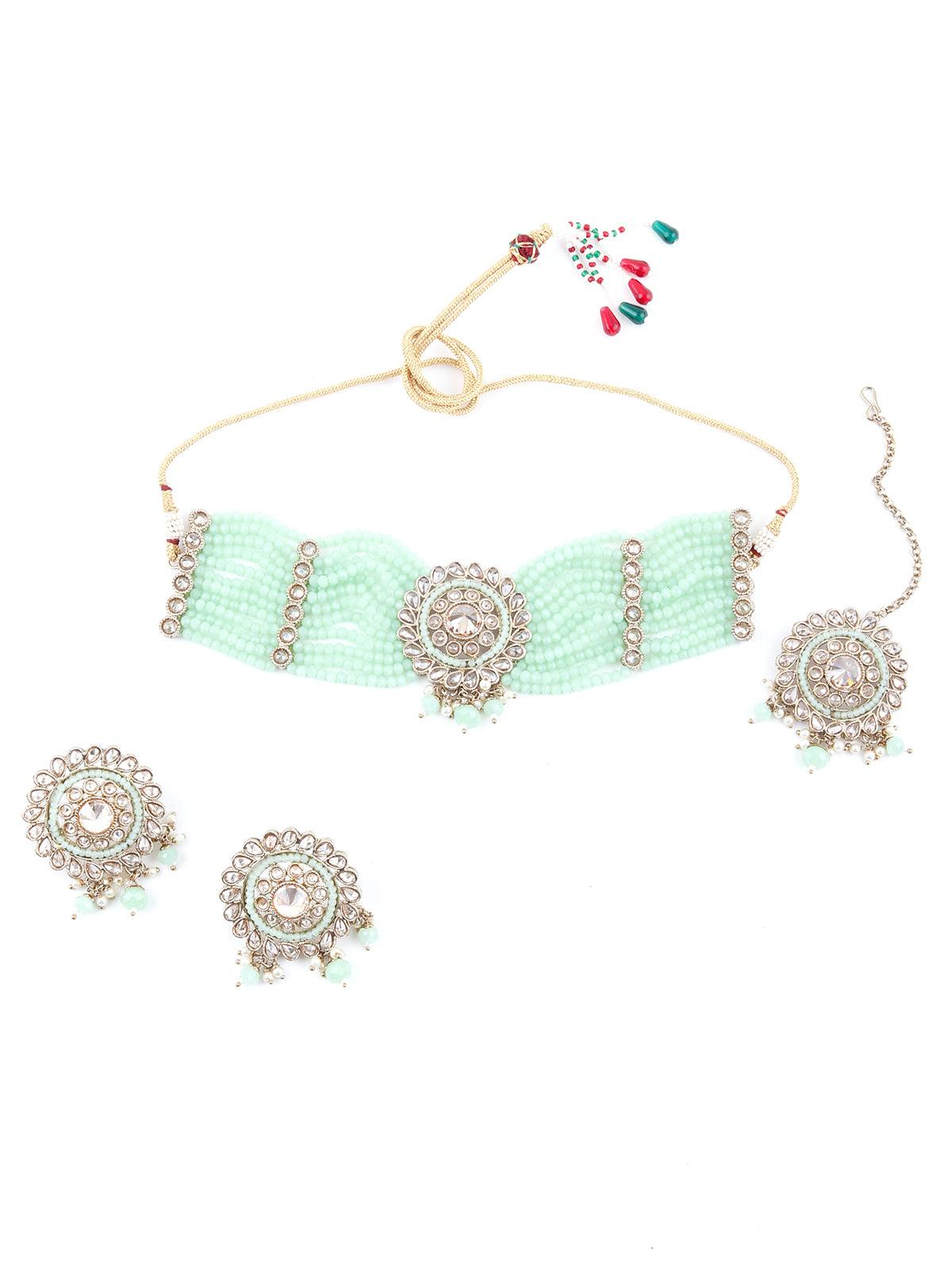 Florina Light Green Choker Necklace Set - Rajwada