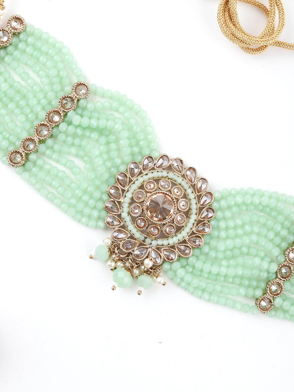 Florina Light Green Choker Necklace Set - Rajwada