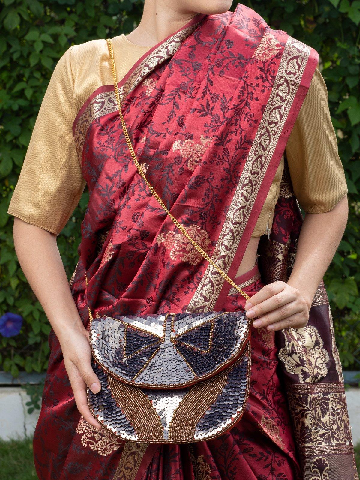 Fully Sequins Grey And Gold Beaded Flap Sling Bag. - Odette