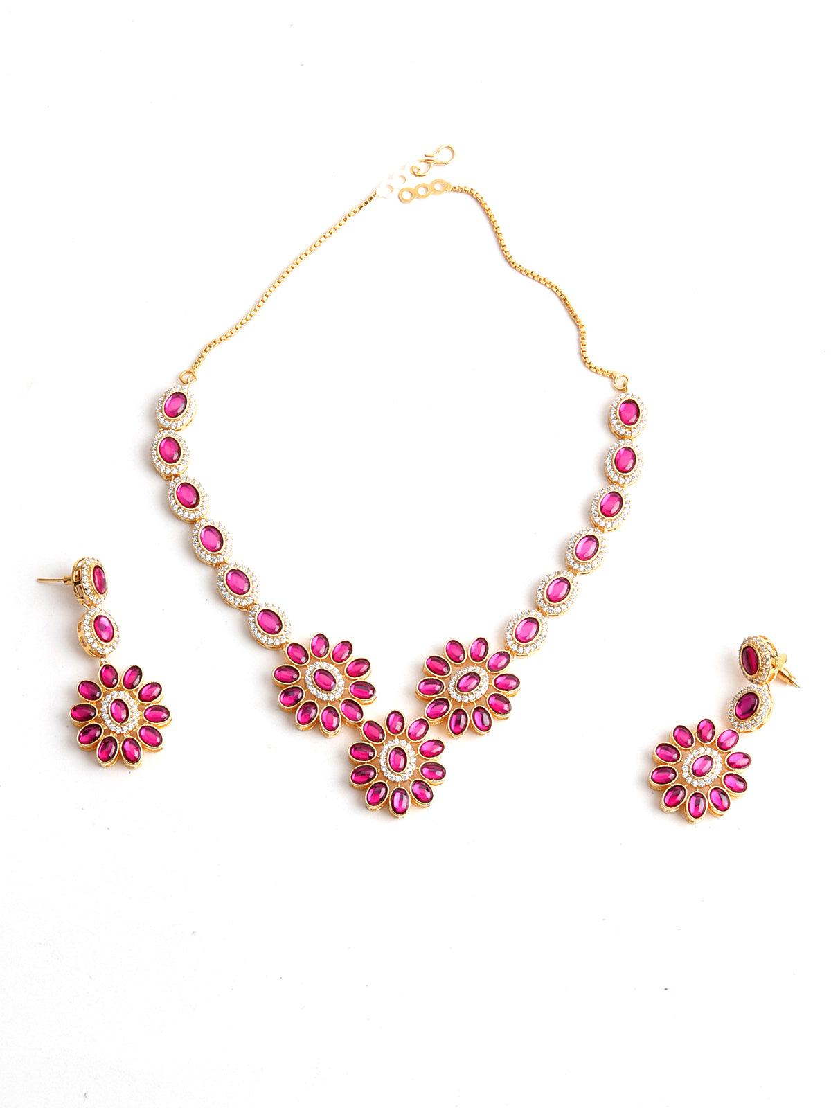 Fuscia pink acrylic stone necklace set - Rajwada