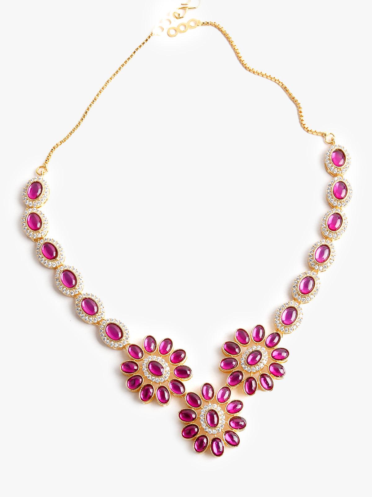 Fuscia pink acrylic stone necklace set - Rajwada