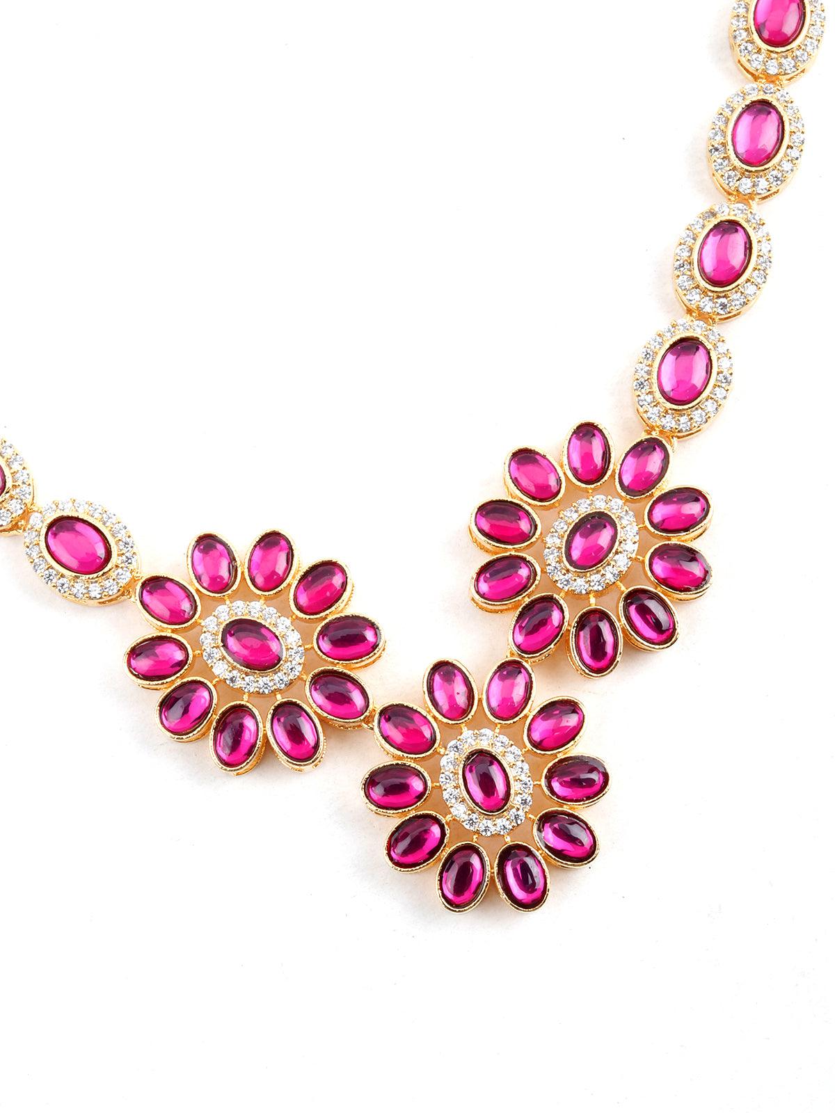 Fuscia pink acrylic stone necklace set - Rajwada