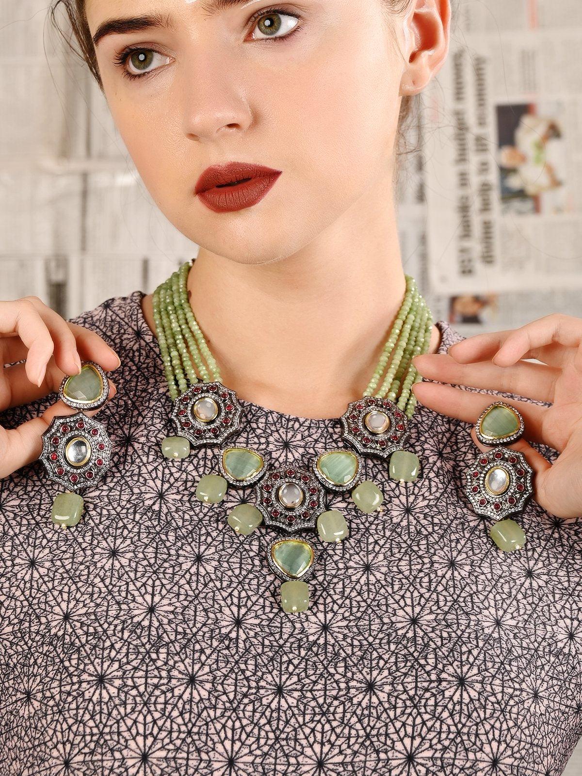 Geometric Mint Green Stone Floral Statement Necklace Set. - Rajwada