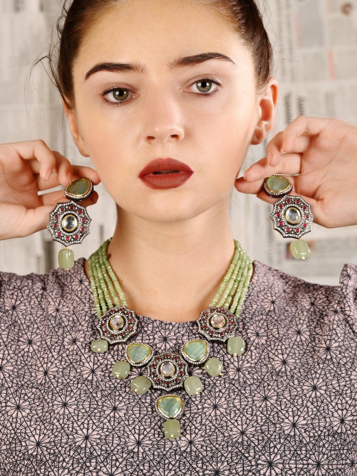 Geometric Mint Green Stone Floral Statement Necklace Set. - Rajwada