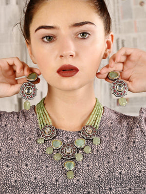 Geometric Mint Green Stone Floral Statement Necklace Set. - Rajwada