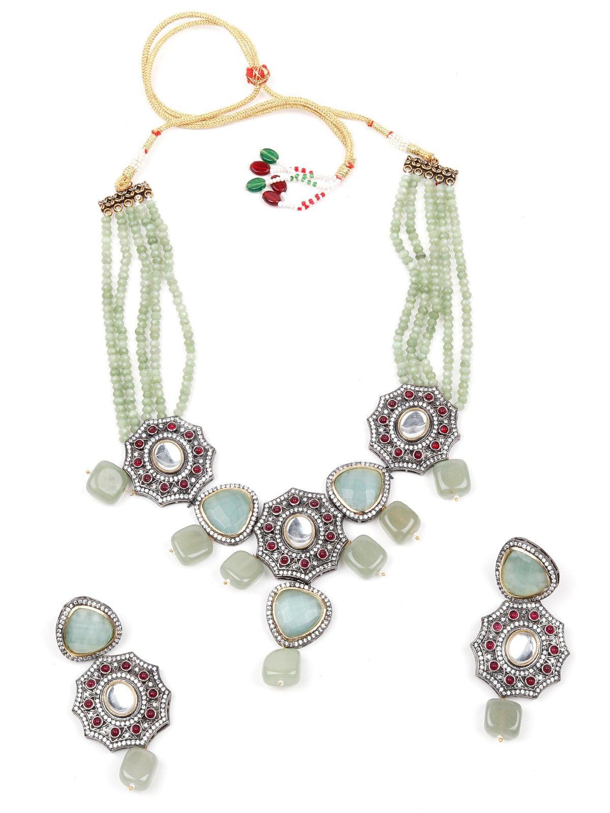 Geometric Mint Green Stone Floral Statement Necklace Set. - Rajwada