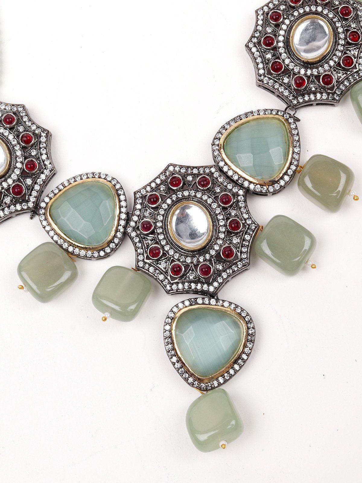 Geometric Mint Green Stone Floral Statement Necklace Set. - Rajwada