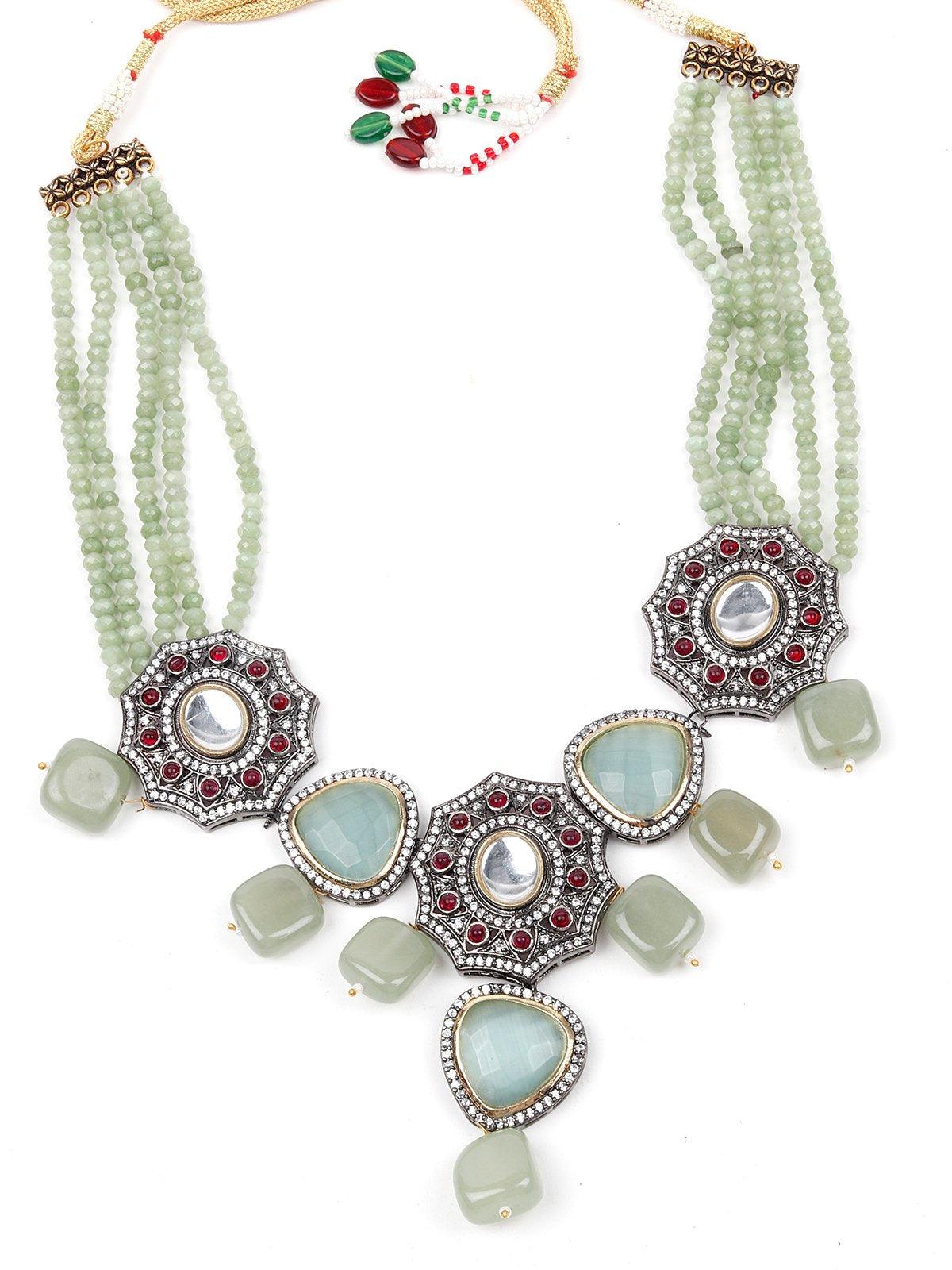 Geometric Mint Green Stone Floral Statement Necklace Set. - Rajwada