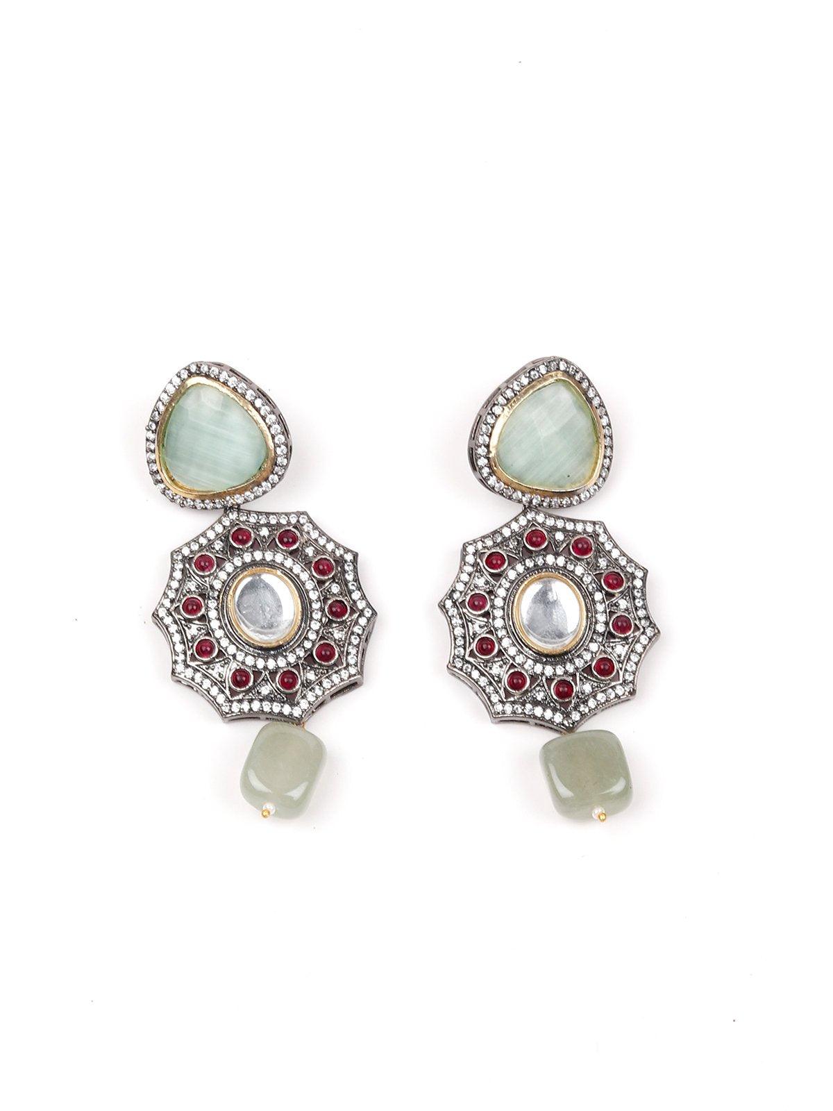 Geometric Mint Green Stone Floral Statement Necklace Set. - Rajwada
