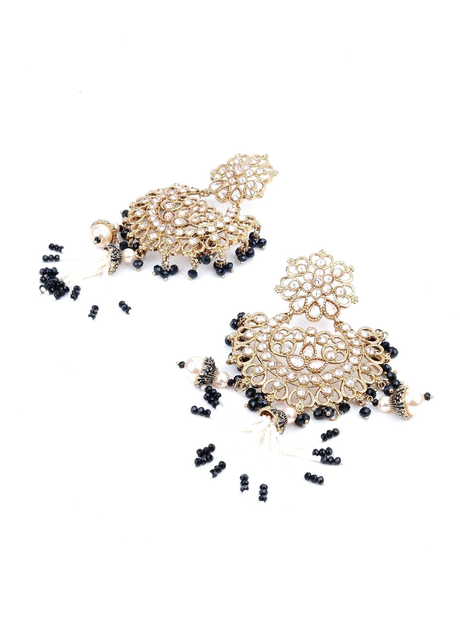 Gold and Black Rhinestone Dangle Earrings - Rajwada