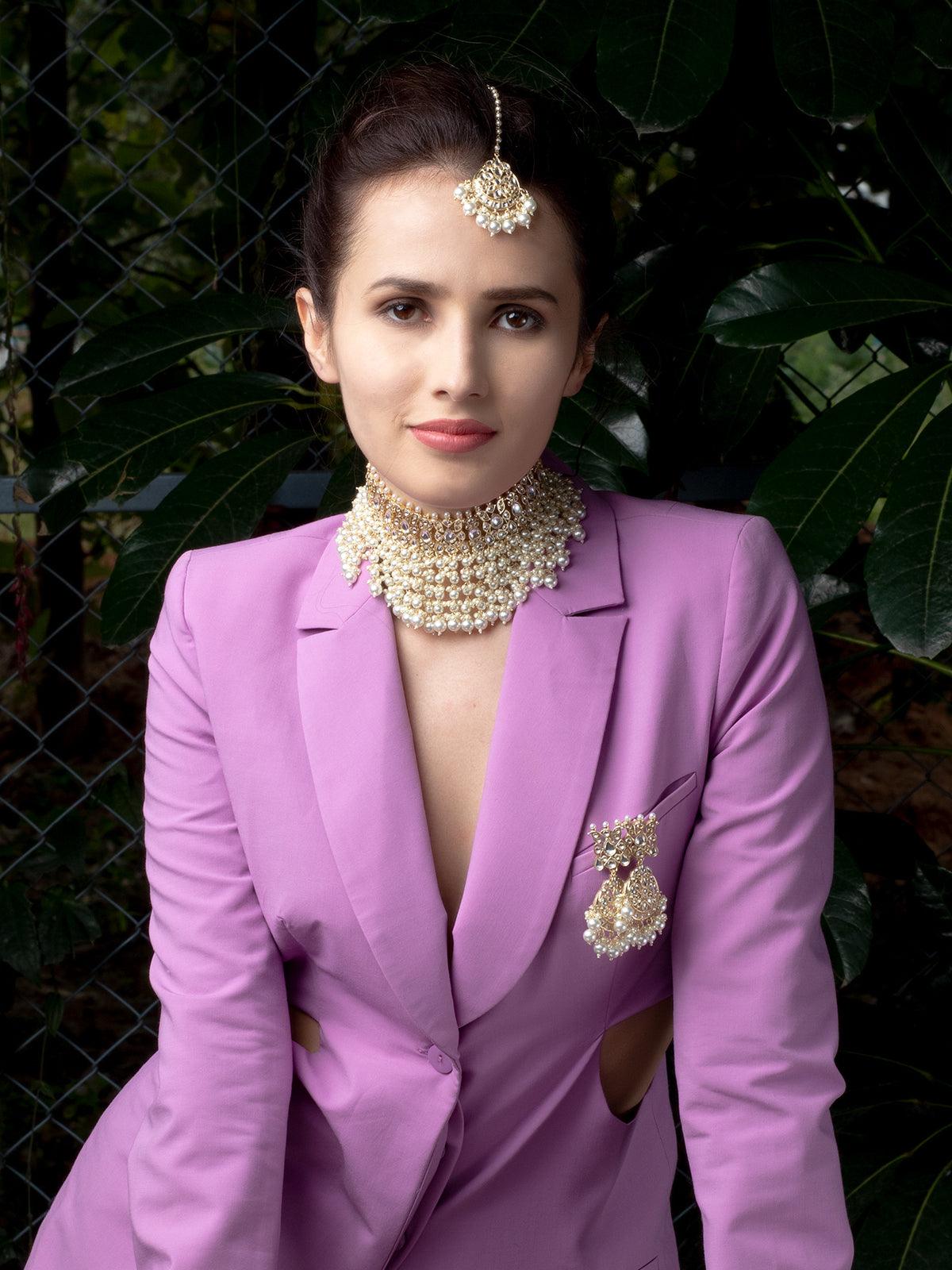 Gold-Plated Kundan And Moti Studded Choker Set - Rajwada