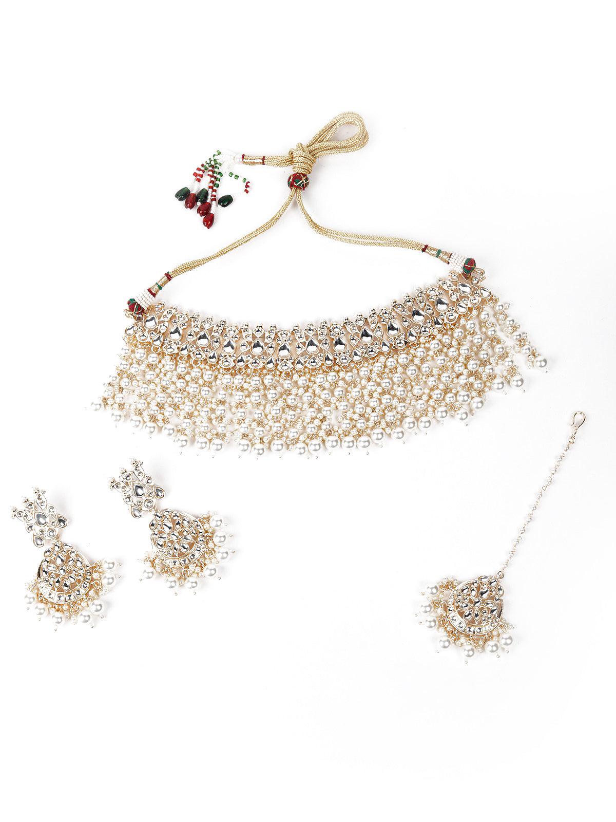 Gold-Plated Kundan And Moti Studded Choker Set - Rajwada
