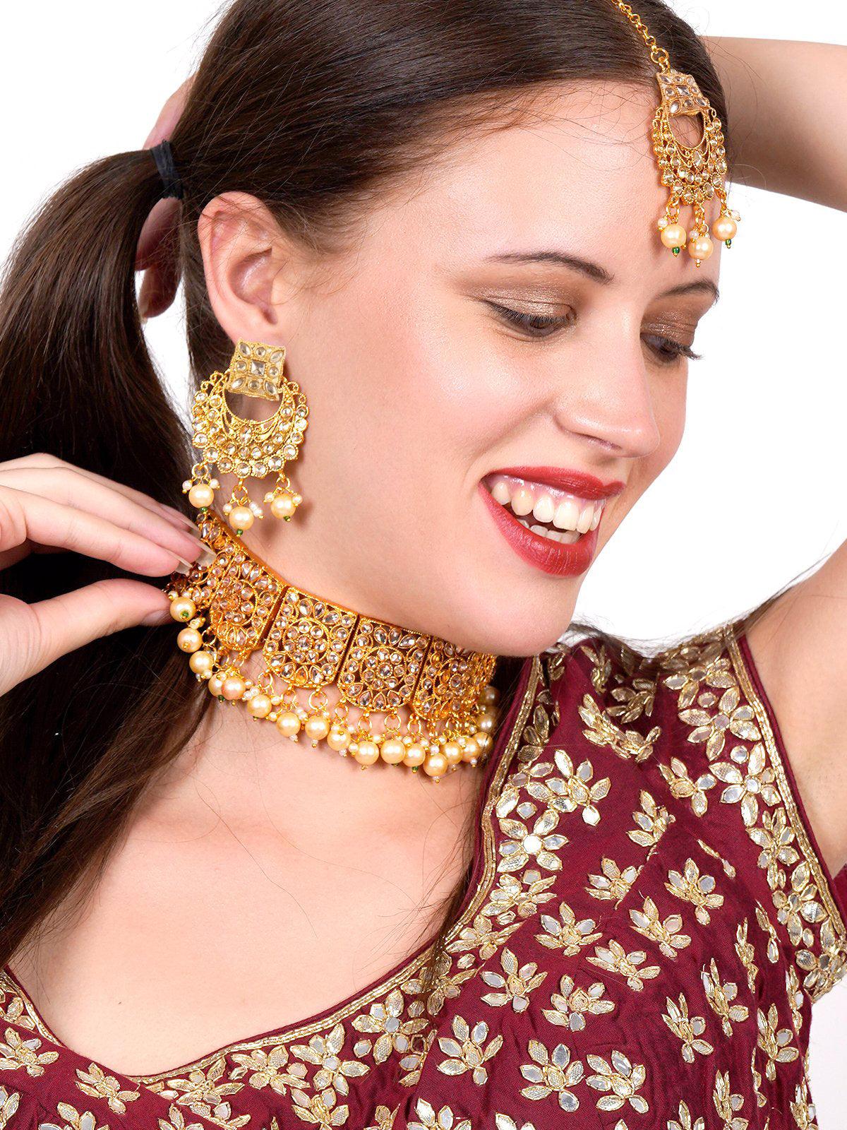 Gold semiprecious kundan & pearl necklace with earrings & maang teeka - Rajwada