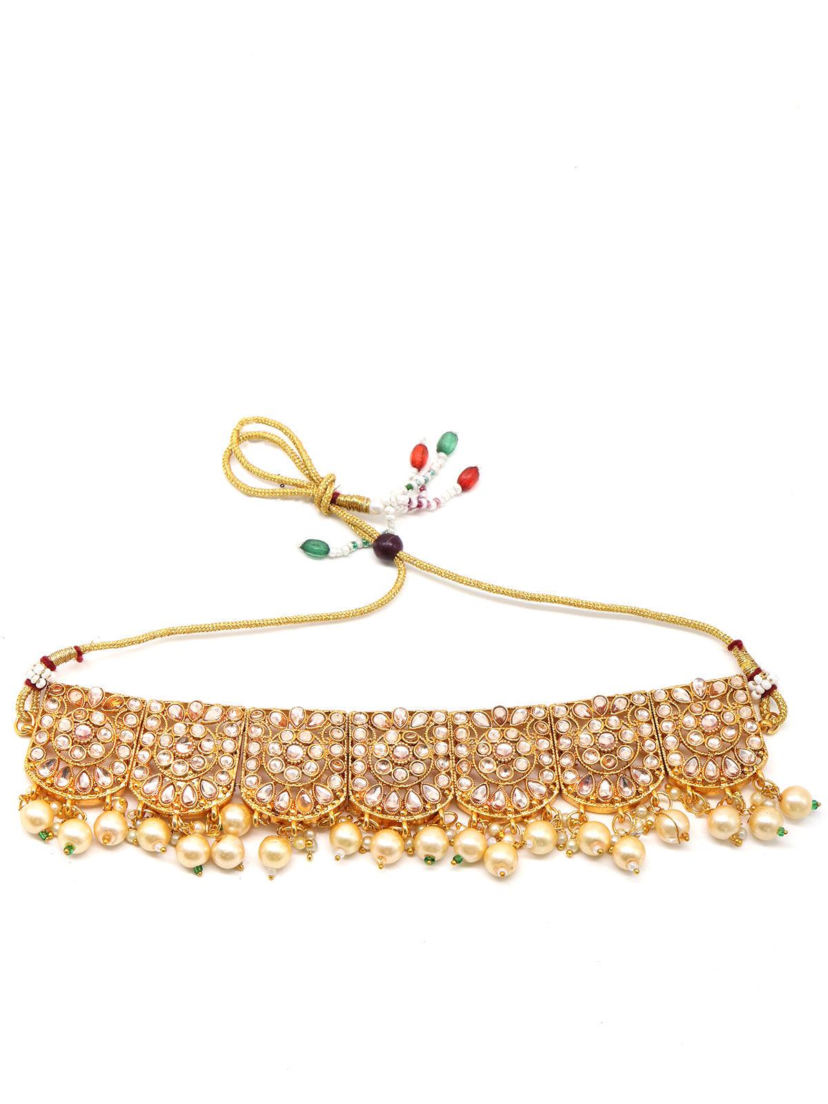 Gold semiprecious kundan & pearl necklace with earrings & maang teeka - Rajwada