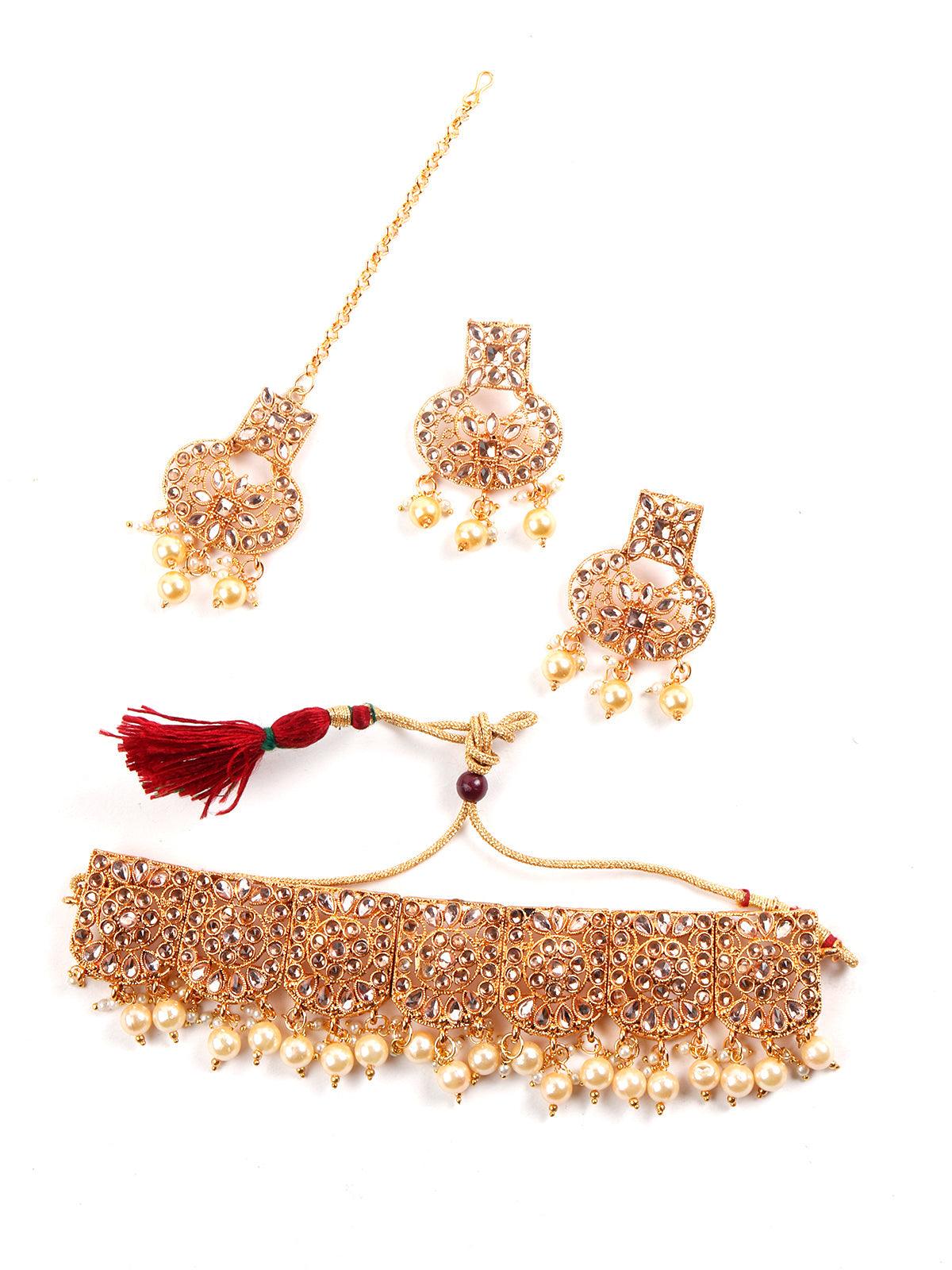 Gold semiprecious kundan & pearl necklace with earrings & maang teeka - Rajwada