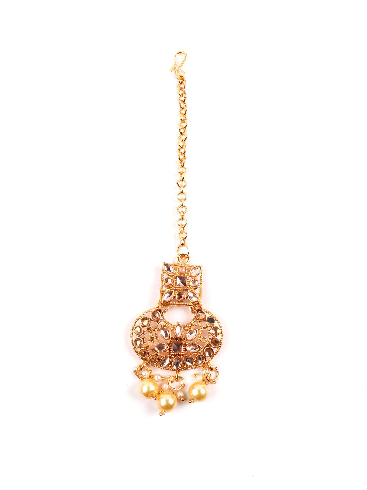 Gold semiprecious kundan & pearl necklace with earrings & maang teeka - Rajwada