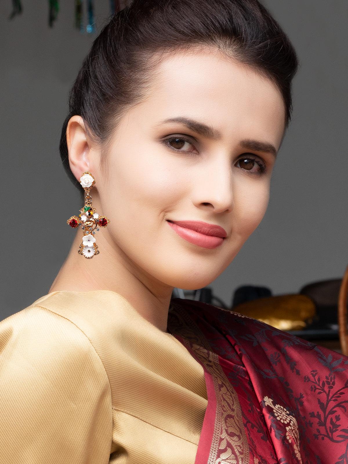 Gold-Tone Crystal Embellished Drop Earrings - Rajwada