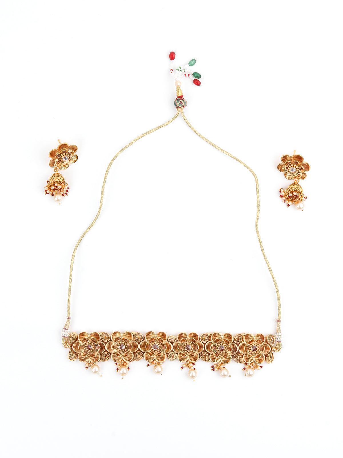 Gold Tone Floral Choker Set - Rajwada